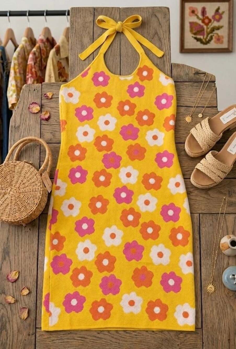 Willow & Wind Yellow Retro Floral Knit Halter Mini Dress - Picture 1 of 4